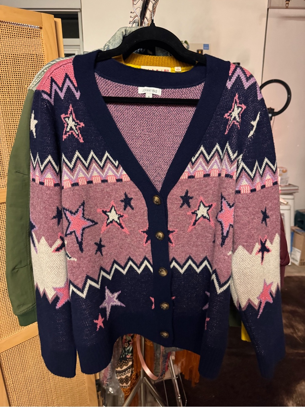 Johnny Was Pink & Navy Star Pattern Button-Front Cardigan Size XL